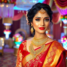 A stunning Bengali bride adorned in a traditional red and gold saree, intricately designed with shimmering embroidery