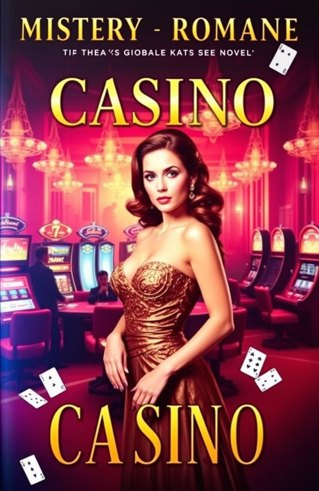 A captivating retro-style book cover for a mystery-romance novel featuring a glamorous casino scene