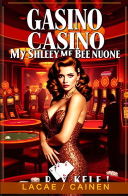 A captivating retro-style book cover for a mystery-romance novel featuring a glamorous casino scene