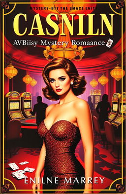 A captivating retro-style book cover for a mystery-romance novel featuring a glamorous casino scene