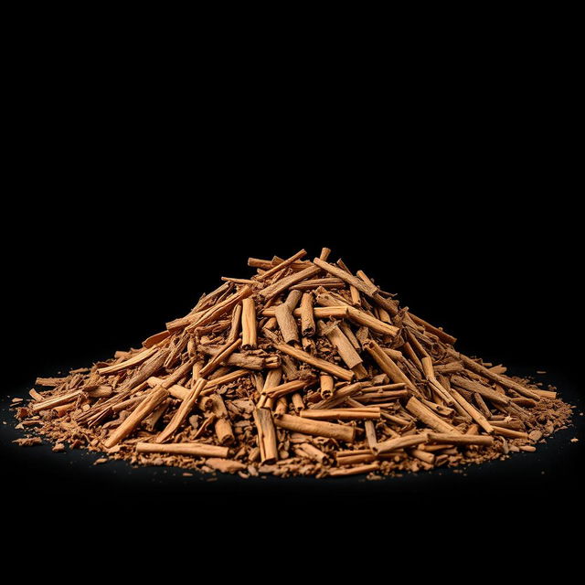 A mound of cinnamon bark laid out on the ground, with no other objects in the image