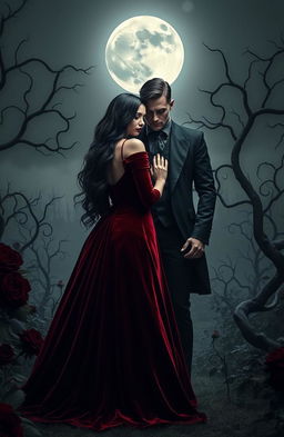 A dark, romantic scene featuring a mysterious couple standing under a full moon in a gothic garden