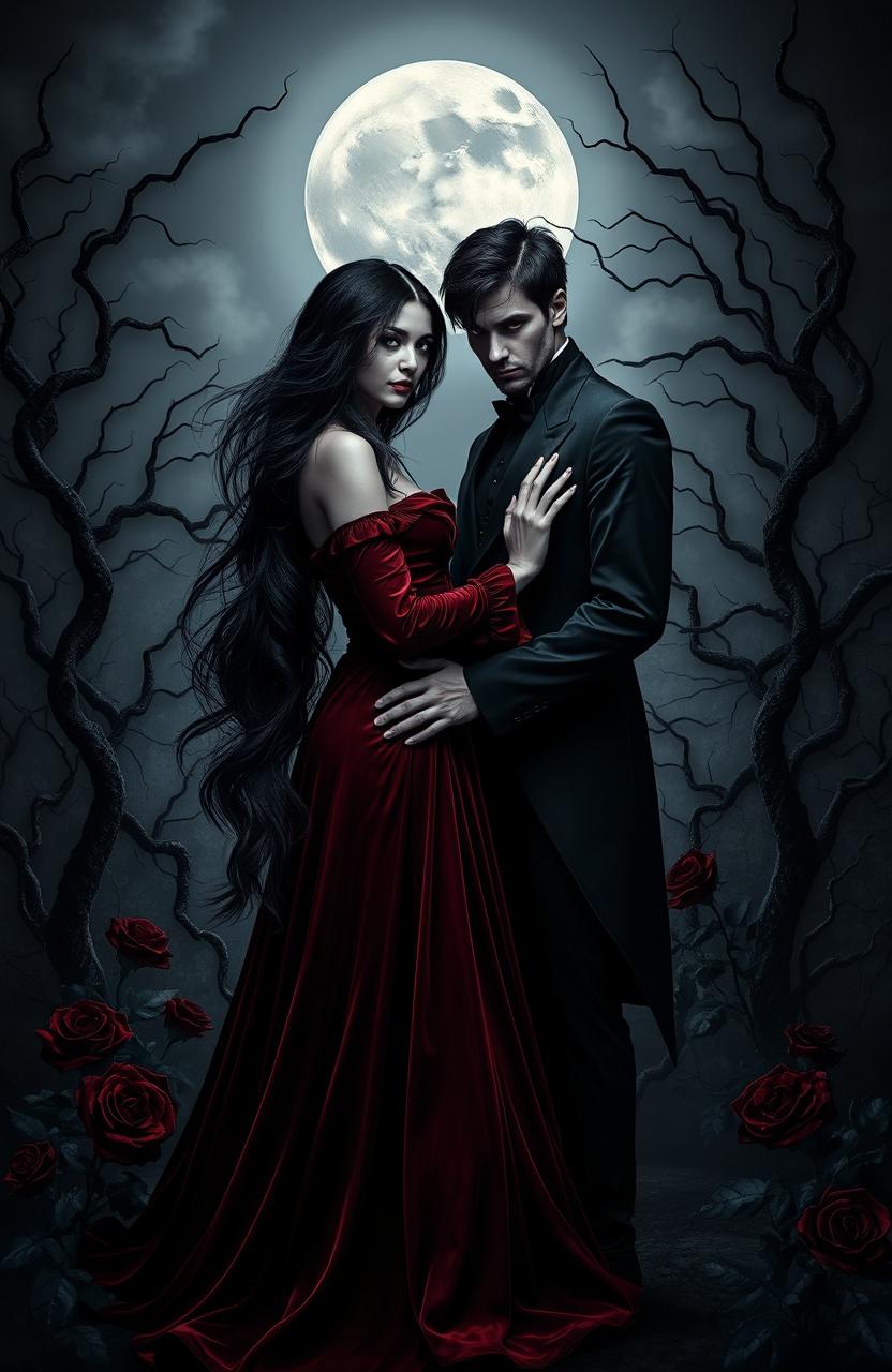 A dark, romantic scene featuring a mysterious couple standing under a full moon in a gothic garden