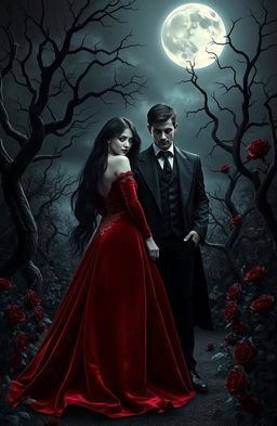 A dark, romantic scene featuring a mysterious couple standing under a full moon in a gothic garden