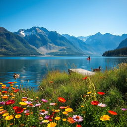 A serene, picturesque landscape featuring a tranquil lake surrounded by majestic mountains under a clear blue sky