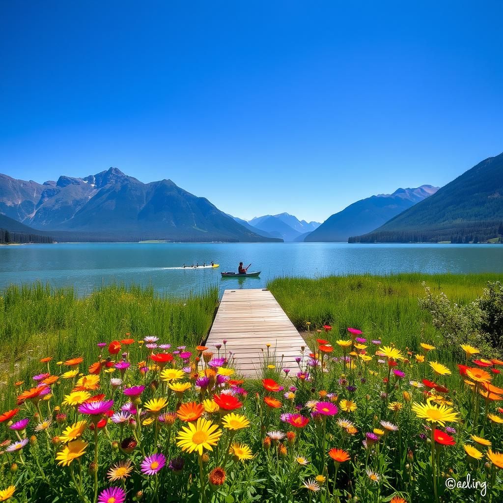 A serene, picturesque landscape featuring a tranquil lake surrounded by majestic mountains under a clear blue sky