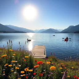 A serene, picturesque landscape featuring a tranquil lake surrounded by majestic mountains under a clear blue sky