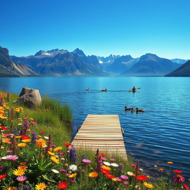 A serene, picturesque landscape featuring a tranquil lake surrounded by majestic mountains under a clear blue sky