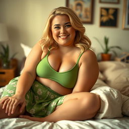 A 30-year-old curvy chubby blonde woman with small breasts, lying comfortably on a bed