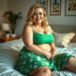 A 30-year-old curvy chubby blonde woman with small breasts, lying comfortably on a bed
