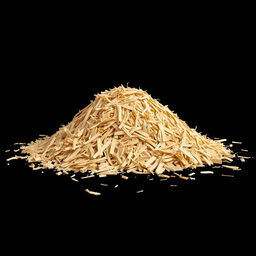 A mound of shredded wood pieces scattered on the ground, with no other objects in the image