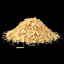 A mound of shredded wood pieces scattered on the ground, with no other objects in the image