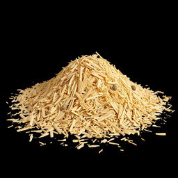 A mound of shredded wood pieces scattered on the ground, with no other objects in the image