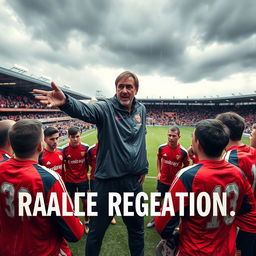 A dynamic scene capturing a football coach passionately strategizing with his team on a rain-soaked pitch during a crucial match to avoid relegation