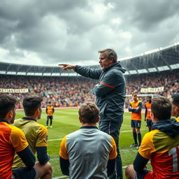 A dynamic scene capturing a football coach passionately strategizing with his team on a rain-soaked pitch during a crucial match to avoid relegation