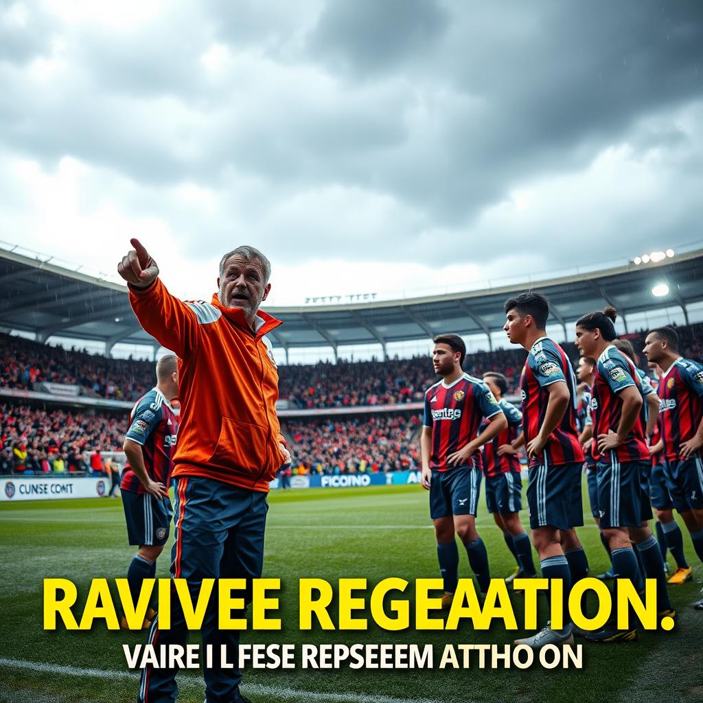 A dynamic scene capturing a football coach passionately strategizing with his team on a rain-soaked pitch during a crucial match to avoid relegation