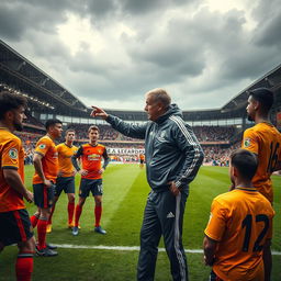 A dynamic scene capturing a football coach passionately strategizing with his team on a rain-soaked pitch during a crucial match to avoid relegation