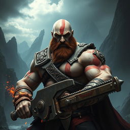 A muscular, imposing warrior reminiscent of Kratos from God of War, with a bald head, thick beard, and fierce expression