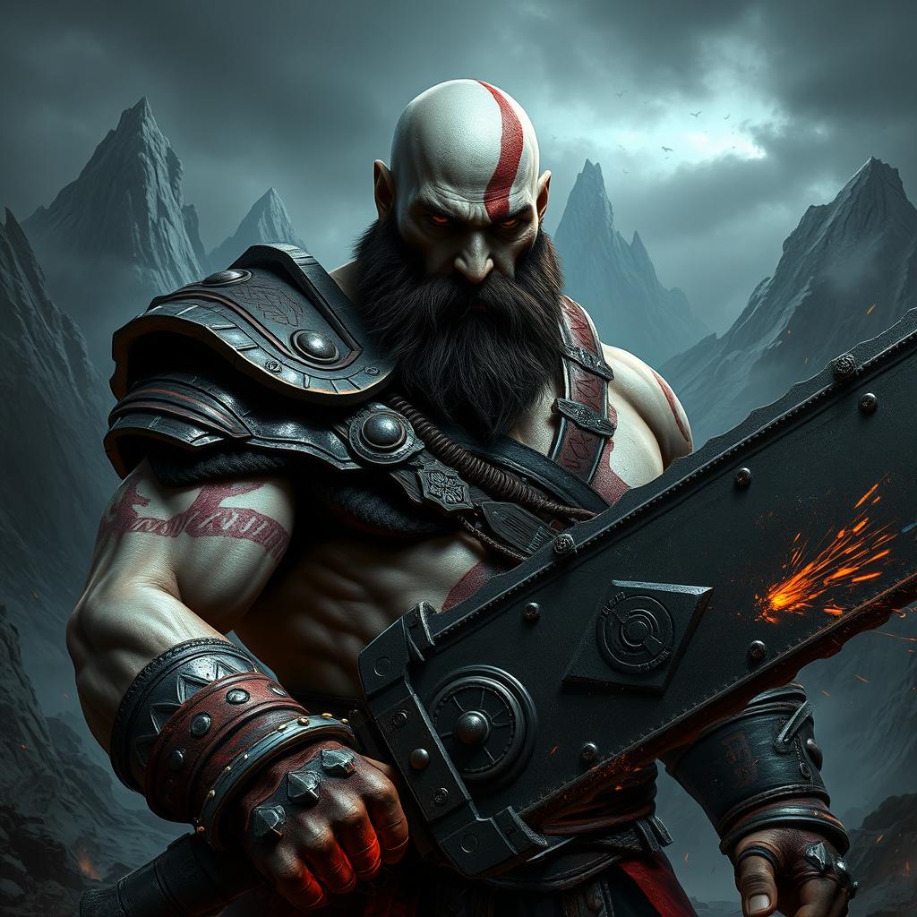 A muscular, imposing warrior reminiscent of Kratos from God of War, with a bald head, thick beard, and fierce expression