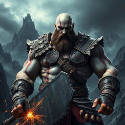 A muscular, imposing warrior reminiscent of Kratos from God of War, with a bald head, thick beard, and fierce expression