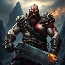 A muscular, imposing warrior reminiscent of Kratos from God of War, with a bald head, thick beard, and fierce expression