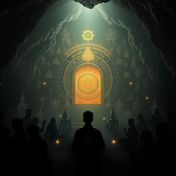 A dark, mystical cave setting featuring intricate shadows of various Hindu Sanatana religious statues and symbols