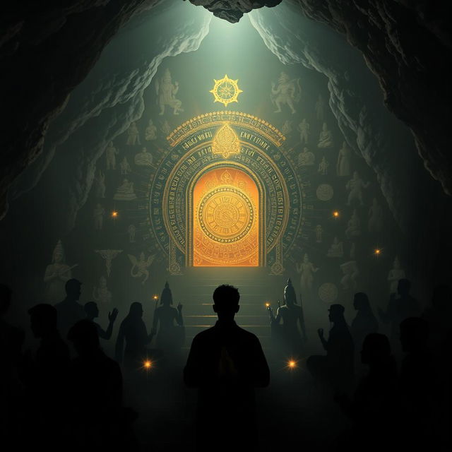 A dark, mystical cave setting featuring intricate shadows of various Hindu Sanatana religious statues and symbols