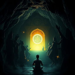 A dark, mystical cave setting featuring intricate shadows of various Hindu Sanatana religious statues and symbols