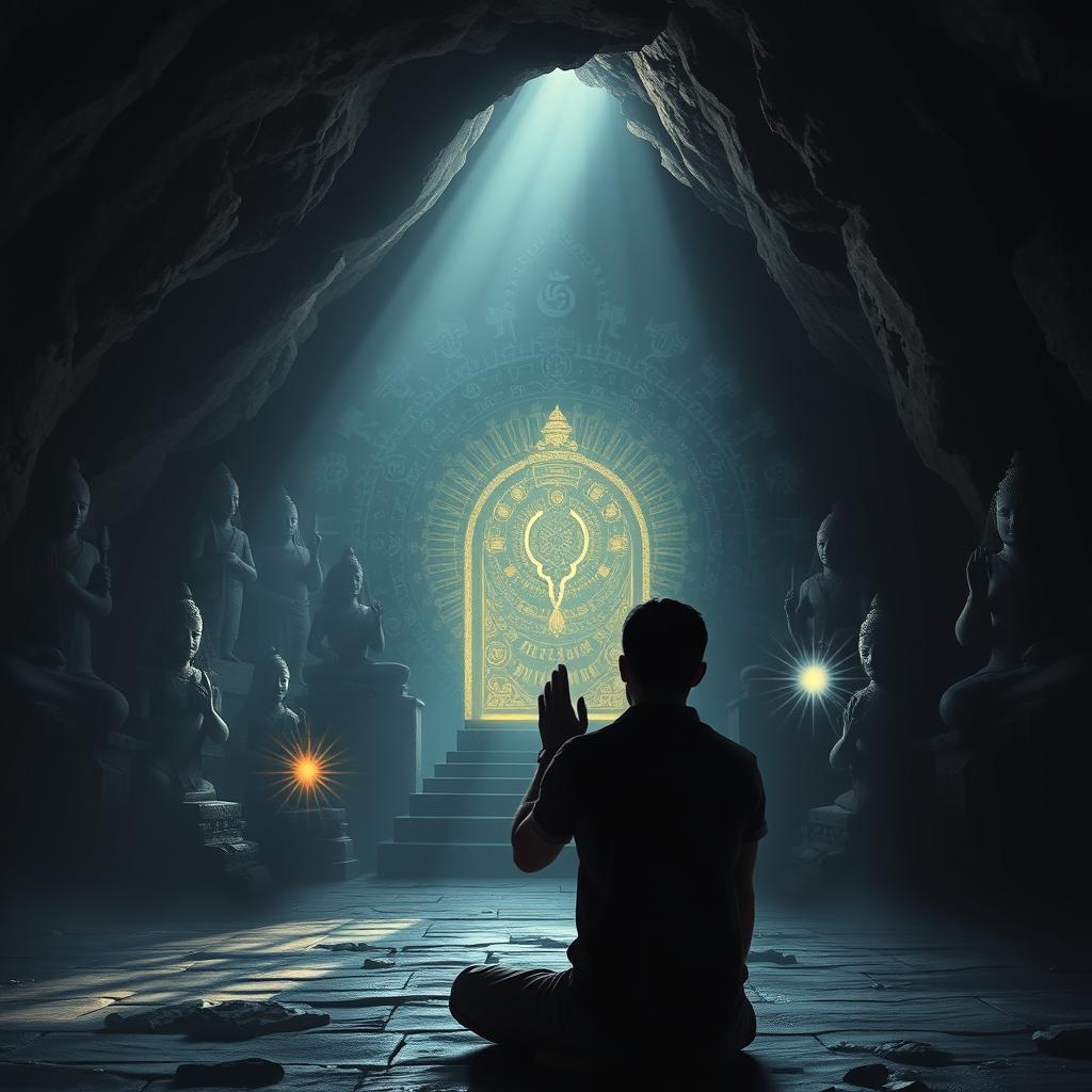 A dark, mystical cave setting featuring intricate shadows of various Hindu Sanatana religious statues and symbols
