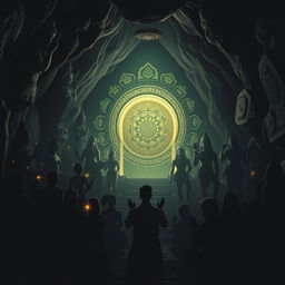 A dark, mystical cave setting featuring intricate shadows of various Hindu Sanatana religious statues and symbols