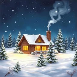 A beautifully painted scene of a cozy home nestled in a snowy landscape at night