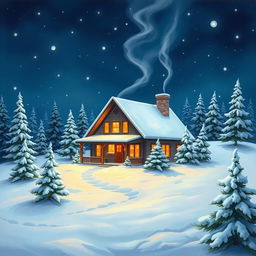 A beautifully painted scene of a cozy home nestled in a snowy landscape at night