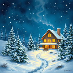 A beautifully painted scene of a cozy home nestled in a snowy landscape at night