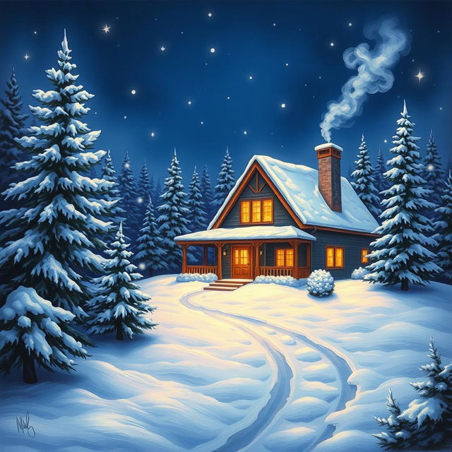 A beautifully painted scene of a cozy home nestled in a snowy landscape at night