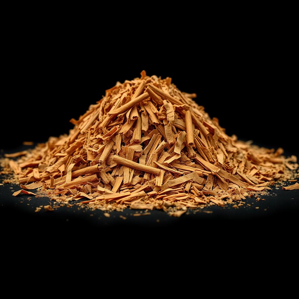 A mound of shredded cinnamon tree bark scattered on the ground, with no other objects in the image