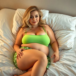 A 30-year-old curvy chubby blonde woman with small breasts, comfortably lying on a plush bed