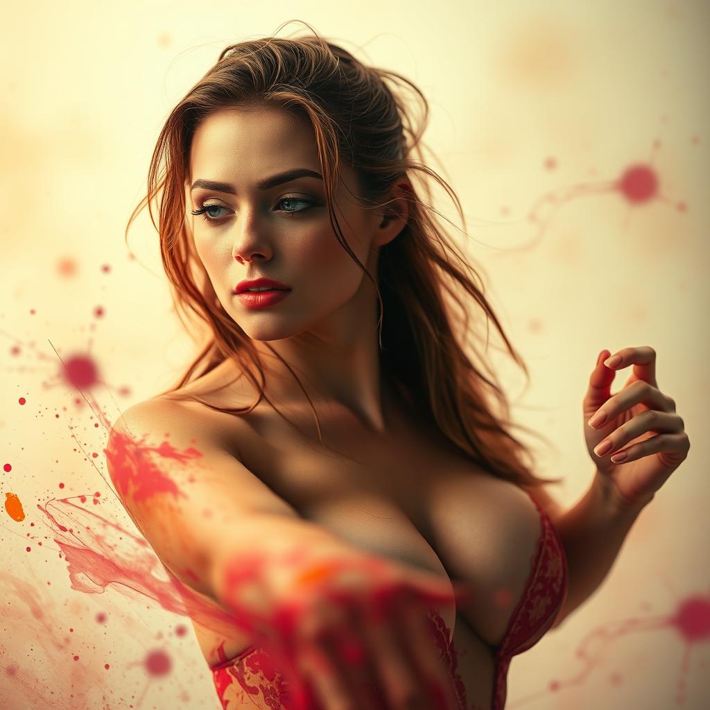 A close-up artistic portrayal of a woman engaging in abstract art, emphasizing sensual energy and allure