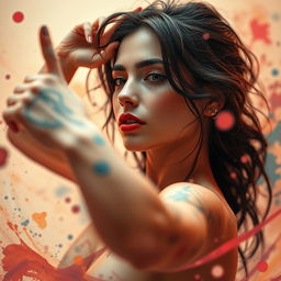 A close-up artistic portrayal of a woman engaging in abstract art, emphasizing sensual energy and allure
