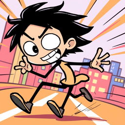 A dynamic and playful illustration of a manga-style stickman character in an action pose, showcasing exaggerated features like large expressive eyes and unique facial expressions typical of manga art