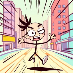 A dynamic and playful illustration of a manga-style stickman character in an action pose, showcasing exaggerated features like large expressive eyes and unique facial expressions typical of manga art