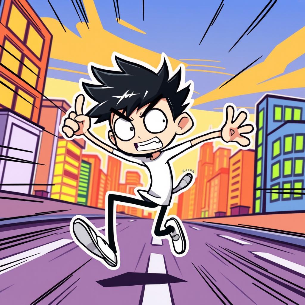 A dynamic and playful illustration of a manga-style stickman character in an action pose, showcasing exaggerated features like large expressive eyes and unique facial expressions typical of manga art