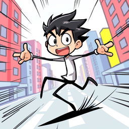 A dynamic and playful illustration of a manga-style stickman character in an action pose, showcasing exaggerated features like large expressive eyes and unique facial expressions typical of manga art