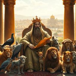 A majestic portrayal of Hazrat Solomon, the wise king from the Quran, surrounded by his royal court in the ancient city of Jerusalem