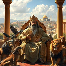 A majestic portrayal of Hazrat Solomon, the wise king from the Quran, surrounded by his royal court in the ancient city of Jerusalem