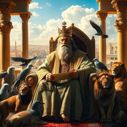 A majestic portrayal of Hazrat Solomon, the wise king from the Quran, surrounded by his royal court in the ancient city of Jerusalem