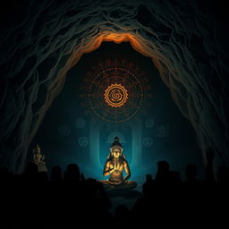 Inside a dark, enchanting cave, shadows of various Hindu religious statues and symbols loom on the uneven walls