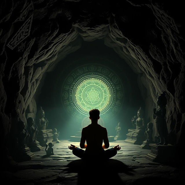 Inside a dark, enchanting cave, shadows of various Hindu religious statues and symbols loom on the uneven walls