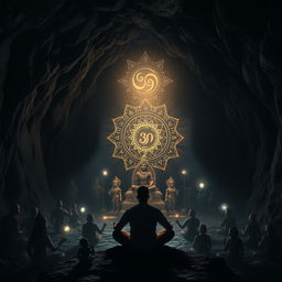 Inside a dark, enchanting cave, shadows of various Hindu religious statues and symbols loom on the uneven walls