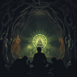 Inside a dark, enchanting cave, shadows of various Hindu religious statues and symbols loom on the uneven walls