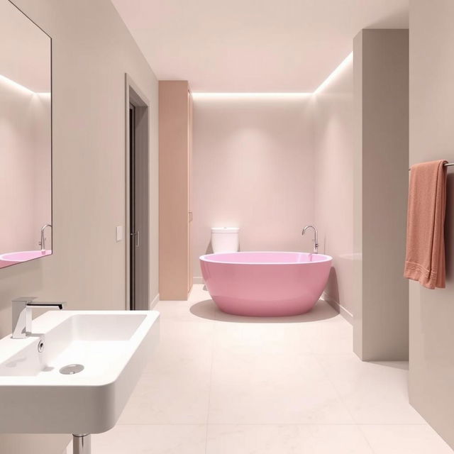 A modern bathroom layout with a sink positioned on the left at the entrance